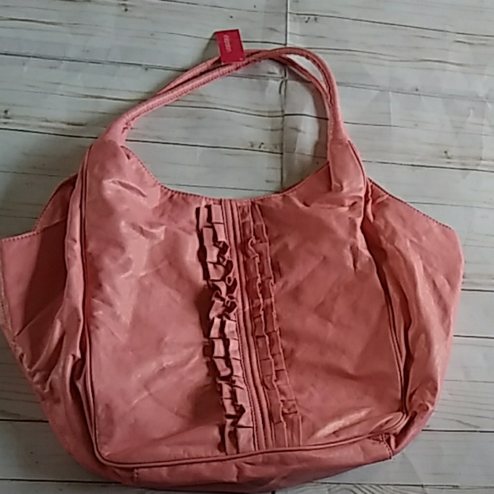 Big Xhilaration Pink Faux Leather Hobo Ruffle Tote